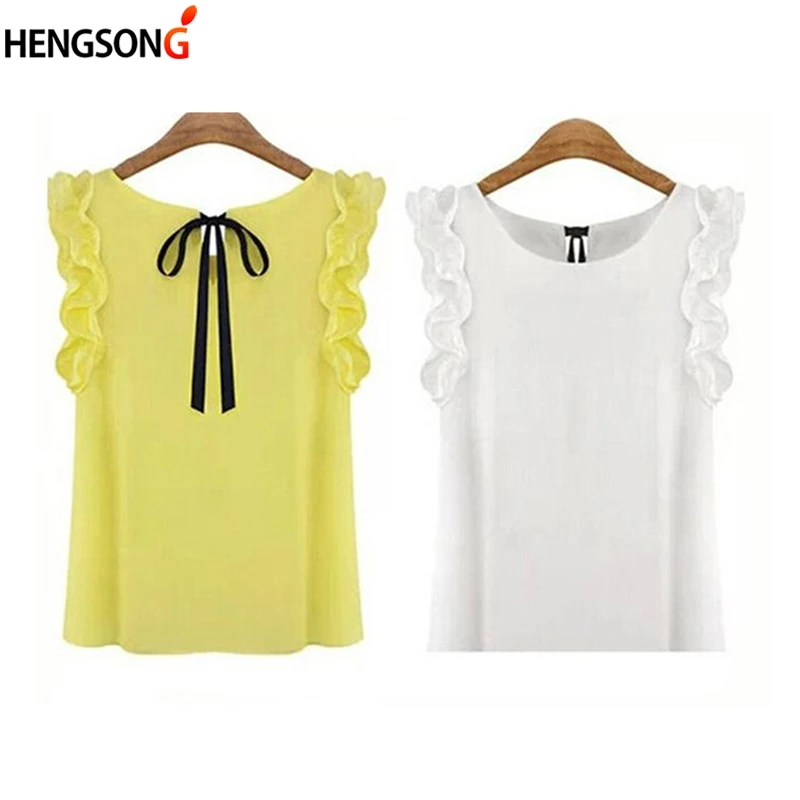 

Hengsong Women Summer Blouse Women Fashion Lotus Leaf O-Neck Casual Shirt Ladies Bow Chiffon Blouses Tops S-Xl White Yellow