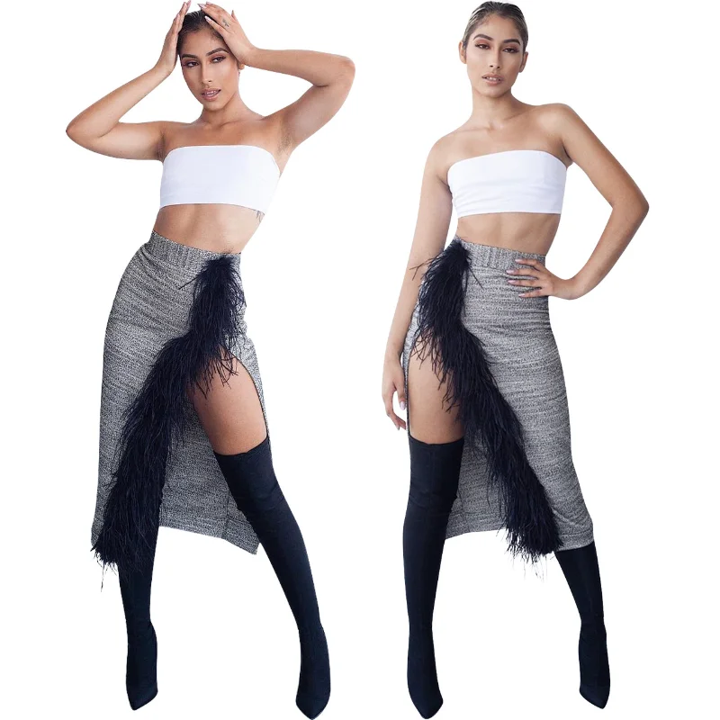 

WUHE Tassel Feather Irregular Bodycon Midi Knee Length Pencil Skirt for 2023 Spring Streetwear Women Elegant Chic Party Skirts