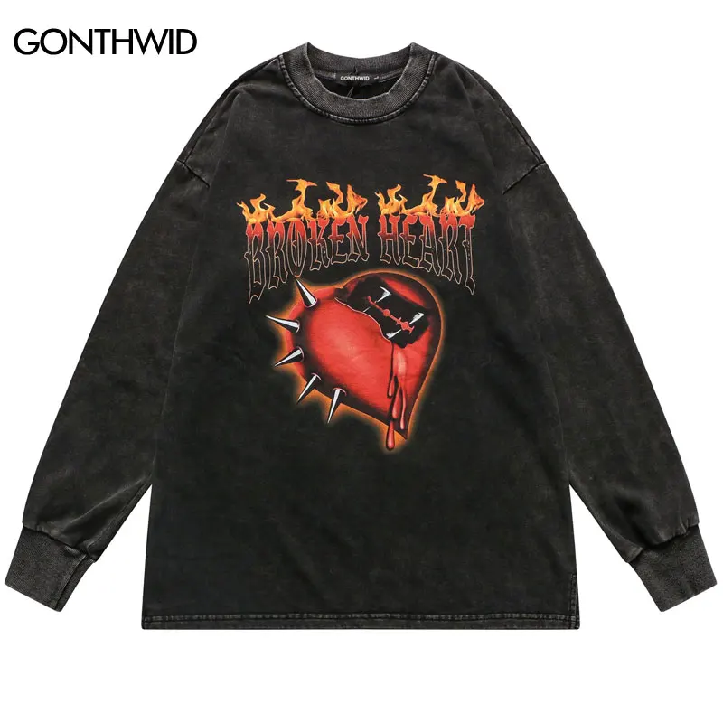 

Sweatshirt Hoodie Streetwear Men Vintage Heart Print Pullover Punk Gothic Hip Hop Fashion Retro Casual Cotton Loose Sweatshirt