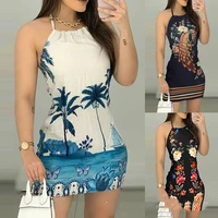 printed hedging slim short dress for women 2021 summer new sexy round neck sleeveless blue and black short dresses