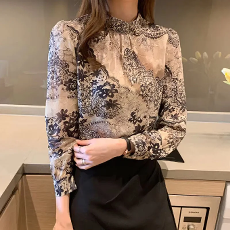 Модная женская блузка с воротником-стойкой и принтом шифоновая длинным рукавом