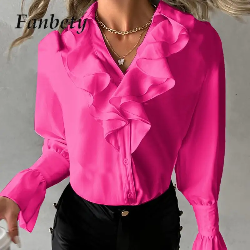 

2024 Spring Long Sleeve V-Neck Commuter Shirts Top Elegant Women Slim Solid Blusas Office Lady Single Breasted Ruffles Blouse