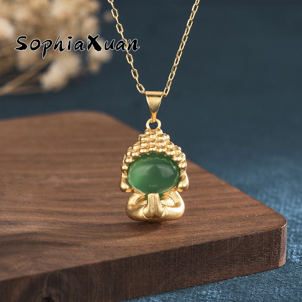 

SophiaXuan Exquisite Stone Maitreya Buddha Pendant Necklace Inlaid With Zircon Gilded Necklaces For Women Lucky Amulet Jewelry