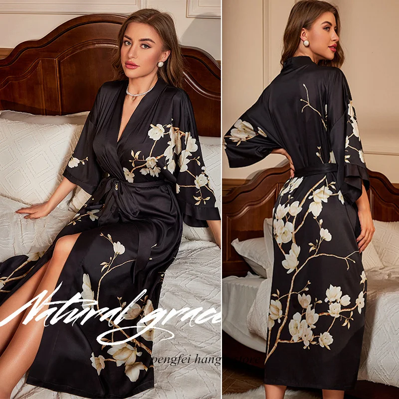 Халат-кимоно Женский с цветочным принтом Роскошный шелковый халат в китайском