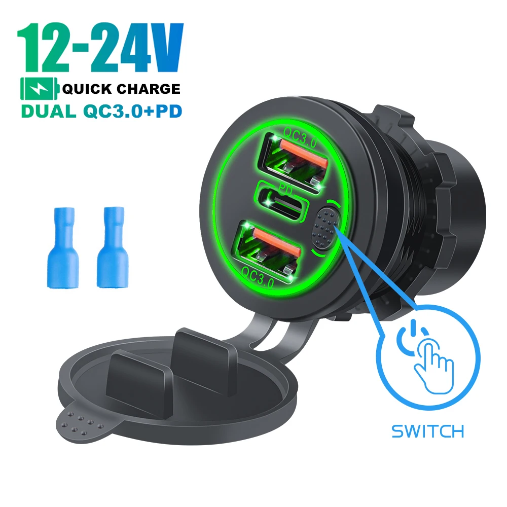 

68W Dual QC 3.0 USB & PD Type-C Triple Cigarette Lighter Socket 12-24V Car Charger with Touch Switch for Car Boat Marine RV