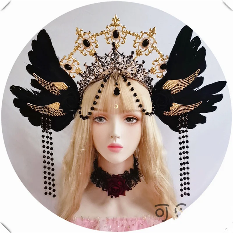 

Lolita Sun Godmother's KC Gothic Crystal Tiaras and halo Crowns Rose Angel Wings Virgin Mary Bead Chain Baroque Tiara Headdress