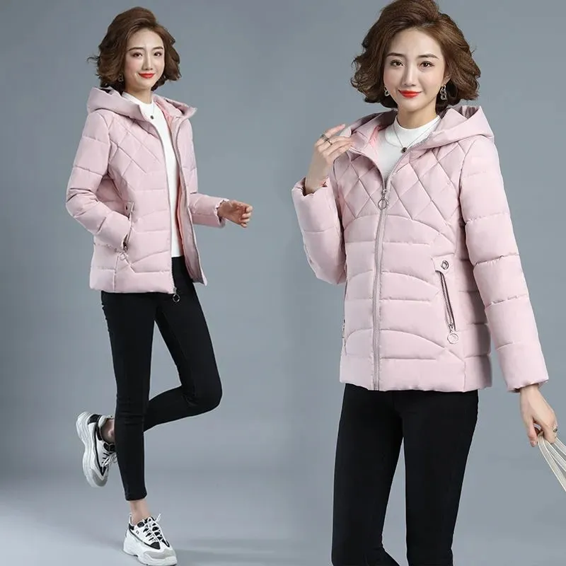 Short Women's Parka 2022 New Autumn Winter Padded Jackets Slim Waist Long Sleeve Hooded Collar Zipper Warm Casual Down Coats Top