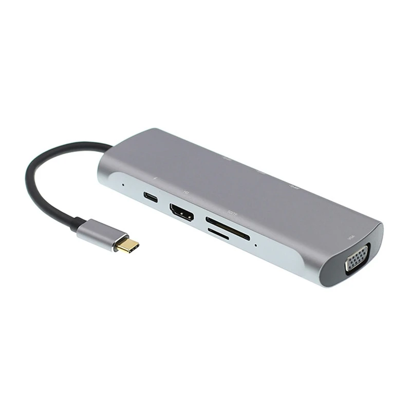 

USB C Hub Adapter 8 in 1 USB C to VGA 4K HDMI TF/SD Card Reader PD Charging USB3.0 Docking Station for Mac Pro