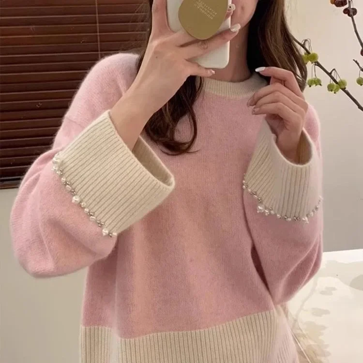 Винтажный свитер с цветными блоками женский дизайн чувственный рукав