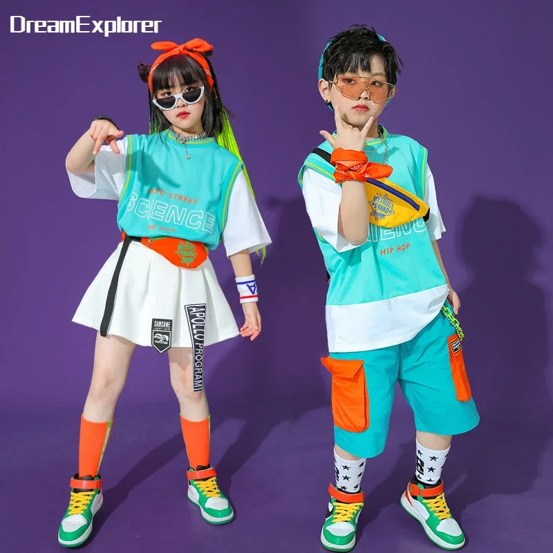 Boys Hip Hop Fake Two Pieces T-shirt Cargo Denim Shorts Girls Summer Skirt Clothes Set Kids Streetwear Child Jazz stage Costumes