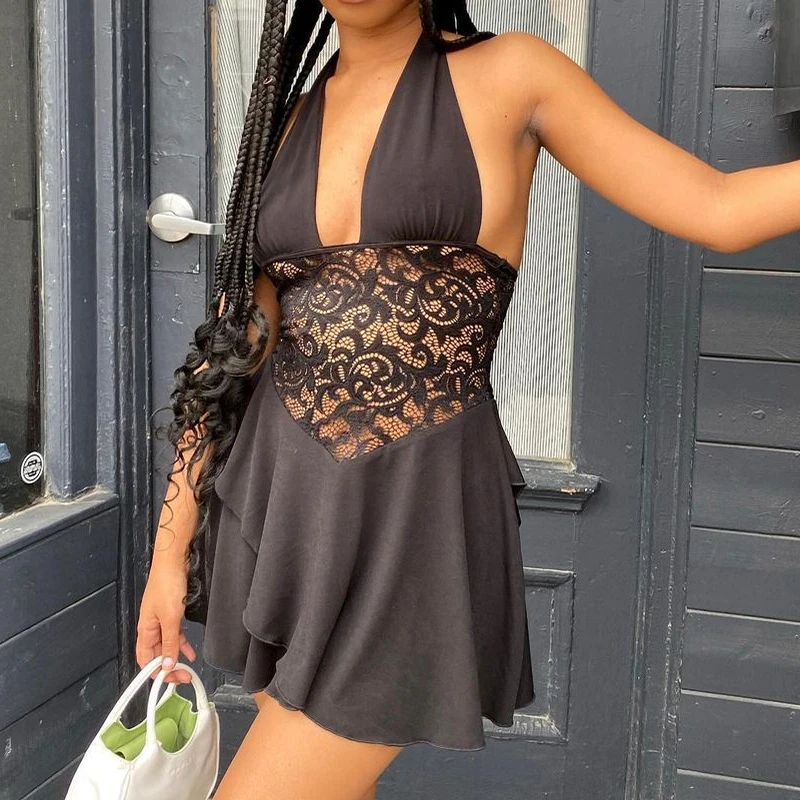 

Summer Fashion Retro Women's New Style Hanging Neck Halter Lace Hollow Slim Dress Sexy Sling Y2k Gothic Black V-neck Skirt