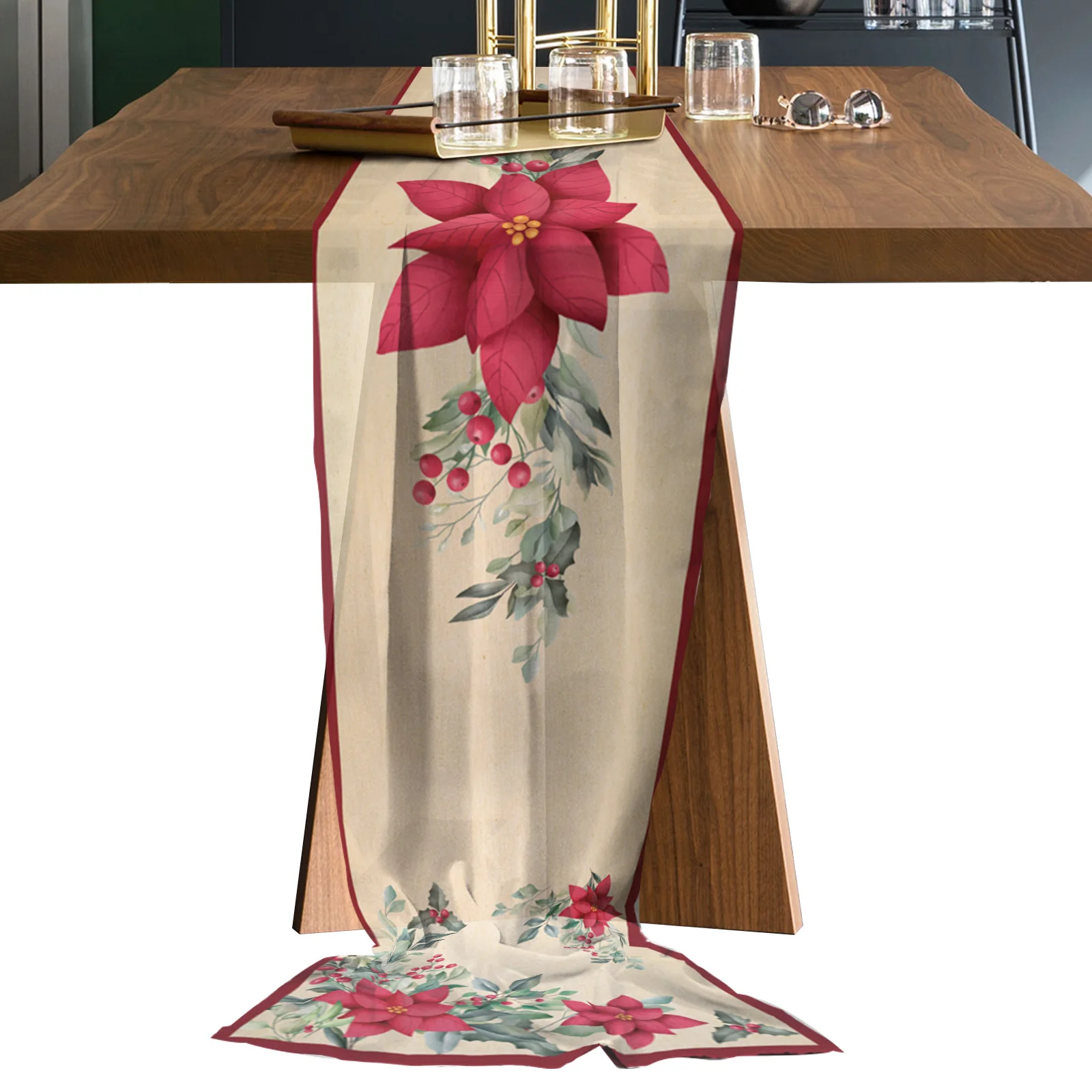 Noel çiçek Poinsettia Retro Sheer şifon lüks masa koşucu yemek masası düğün dekor tül masa örtüsü masa koşucular