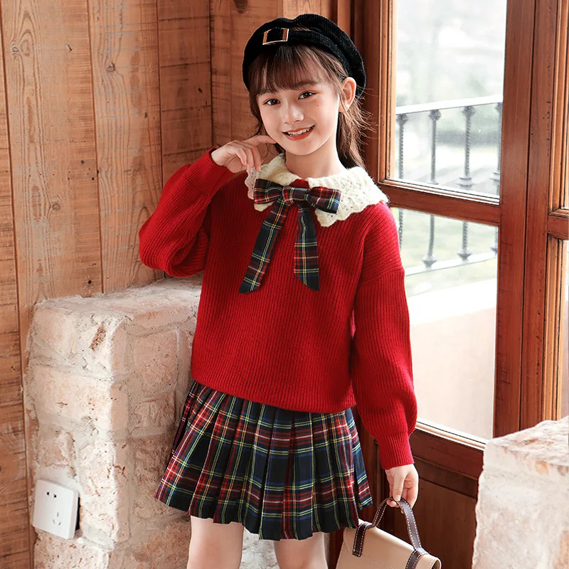 

Girls' Set 2023 New Westernized Children's Academy Style Set JK Skirt Middle Size Children's Sweater Knit
