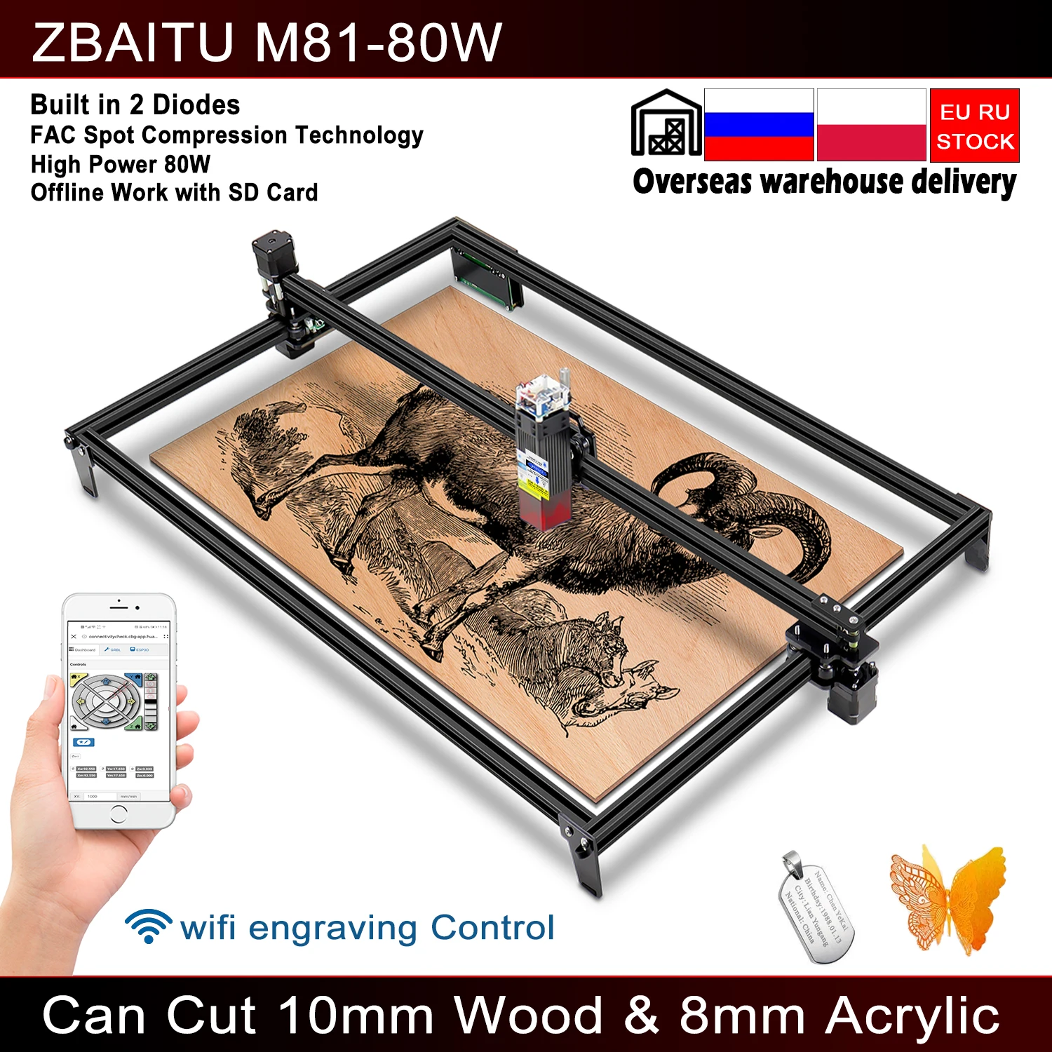 Cheap ZBAITU Laser Engraver, 2 In 1 Doide 80W Laser Wood Acrylic Metal Engraving Cutting Machine 81X46cm Printing with Offline/FAC