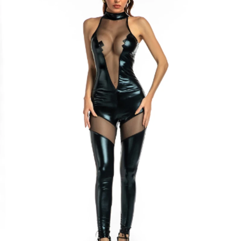 

Women's Artificial Leather Hollow Bodysuit Wet Appearance Shiny Bodysuit Party Role Performance Dance Dress Temptation