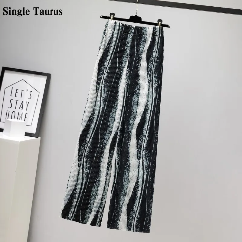 

Fashion Summer Pleated Trousers Tie-dye Print Loose Straight Pleated Wide Leg Pant Elastic Waist Sweatpants Women Baggy Clothing