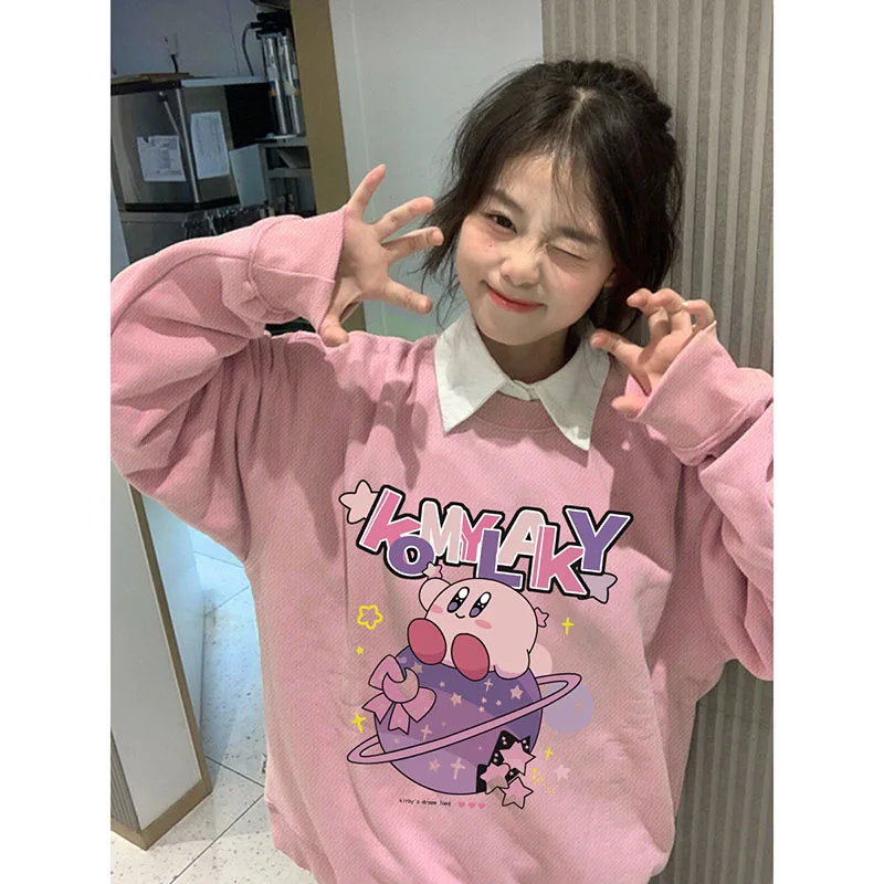 

Kirby Cartoon Soft Girl Round Neck Hoodie Autumn and Winter Printing Light Pink Silver Fox Velvet Loose Long Sleeves Girl Kawaii