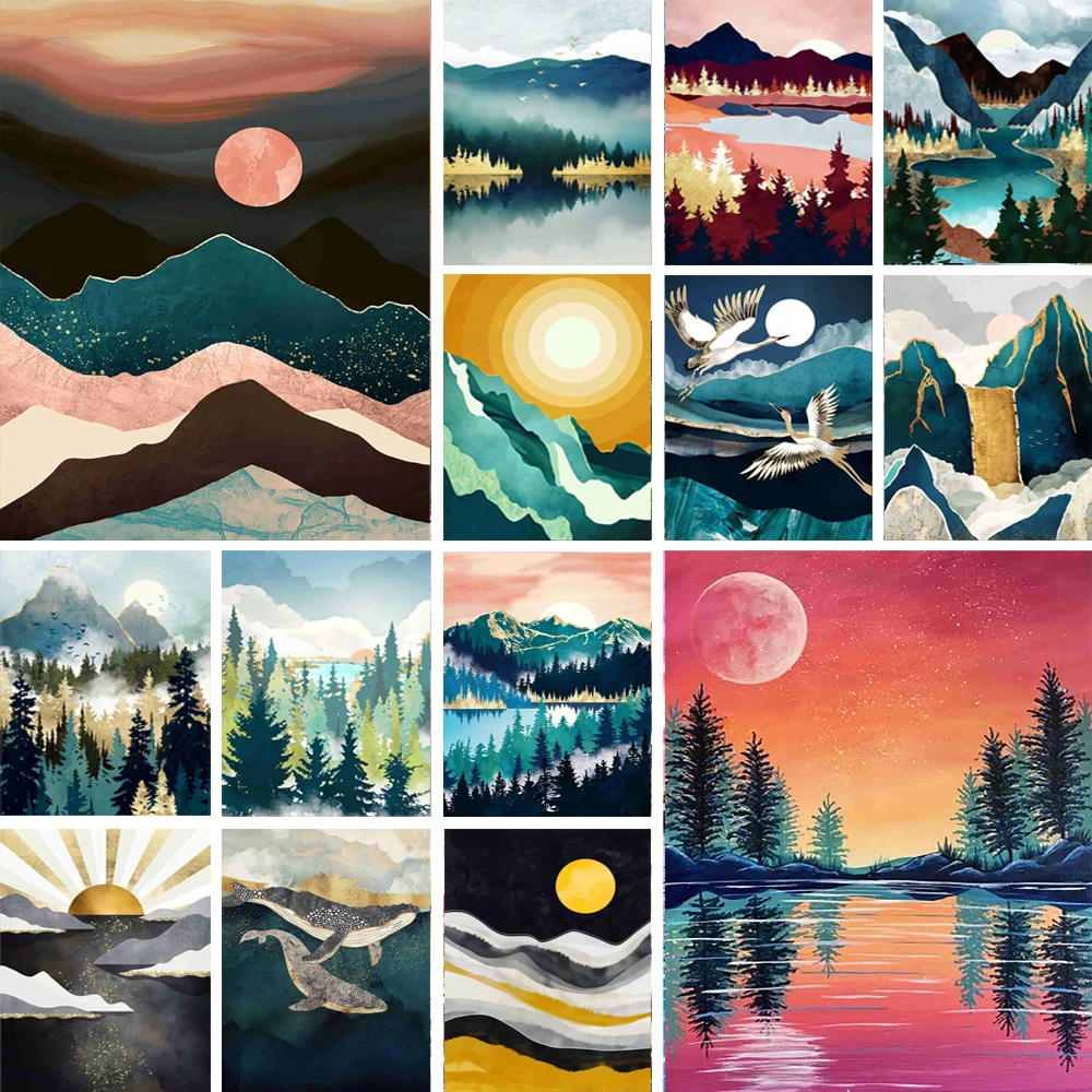 

5D DIY Diamond Painting Landscape Sunset Set Diamond Embroidery Mountain River Mosaic Art Round Rhinestone Home Decor Gift