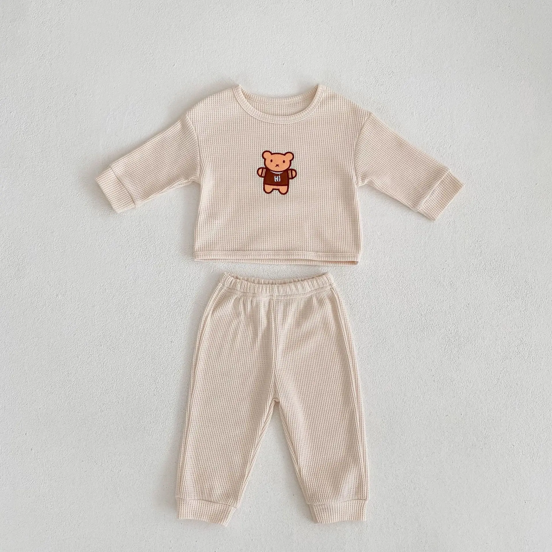 

Baby Clothing Set Waffle Suit 2023 Spring New Bear Print Boy's Two Piece Suit Sweatershirt+Big Pp Pants Leisure Girl Suit