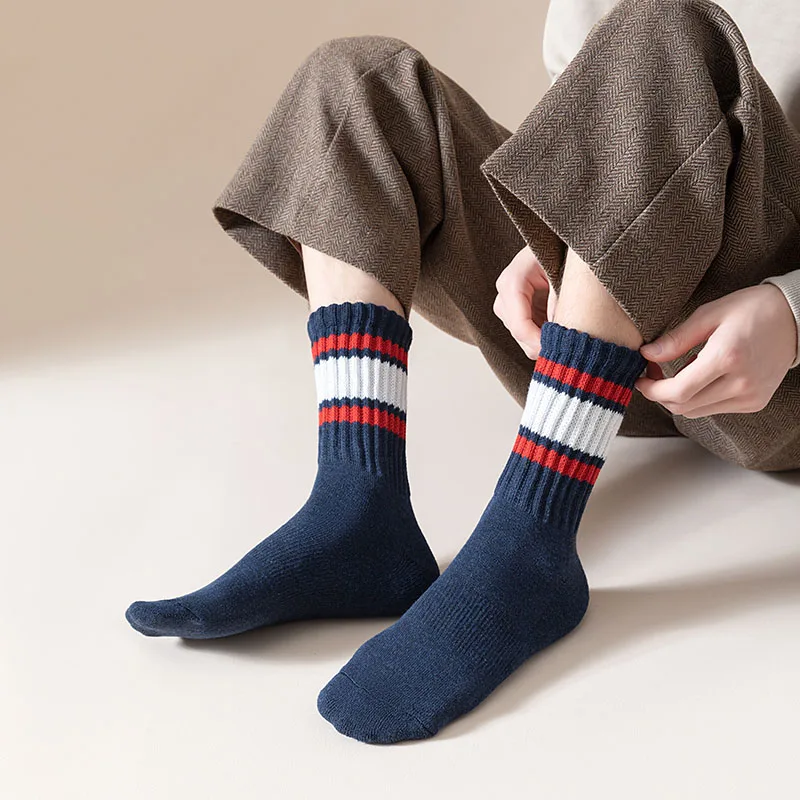 Winter Thick Men's Cotton Socks Fashion Striped Sports Socks High Quality Casual Long Socks Men's Padded Cycling Socks 5 Pair