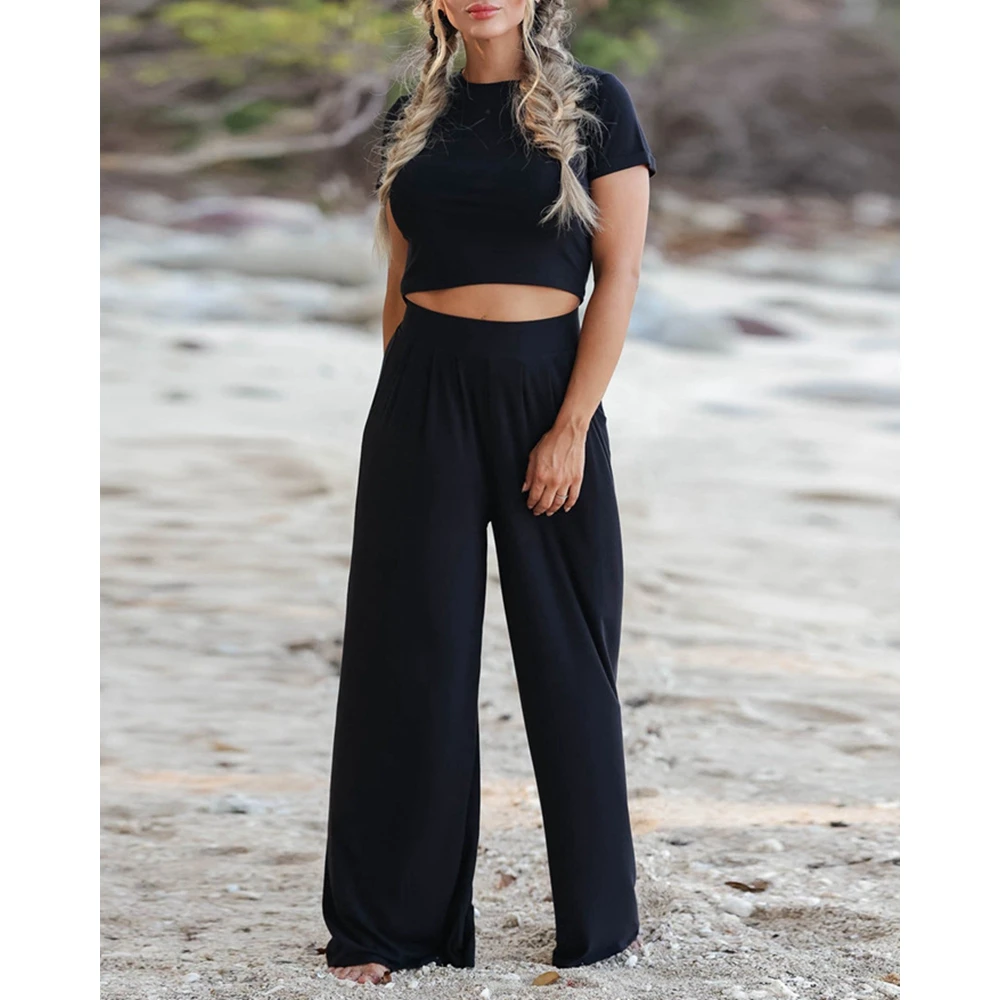 Women Solid O-Neck Short Sleeve Top & High Waist Ruched Pants Set Casual Femme Fashion Two-Piece Set Woman Outfits Clothes