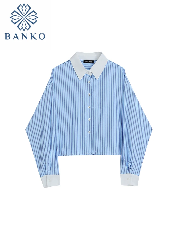 

Korean Style Classic Striped Design Women Baggy Shirt 2023 New Lapel Long Sleeve Blouses Office Lady Patchwork BF Vintage Chic