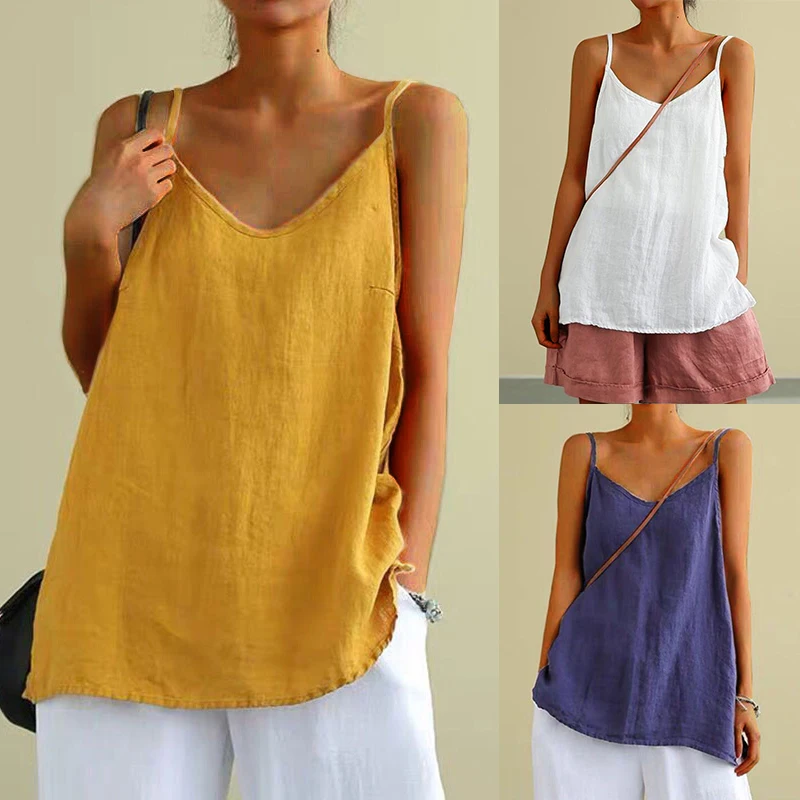 

Linen Underlay Sleeveless Top for Women Summer Holiday Tunic Tank Top Cotton Casual T-Shirt Vest Tee Women's Korean-style Top