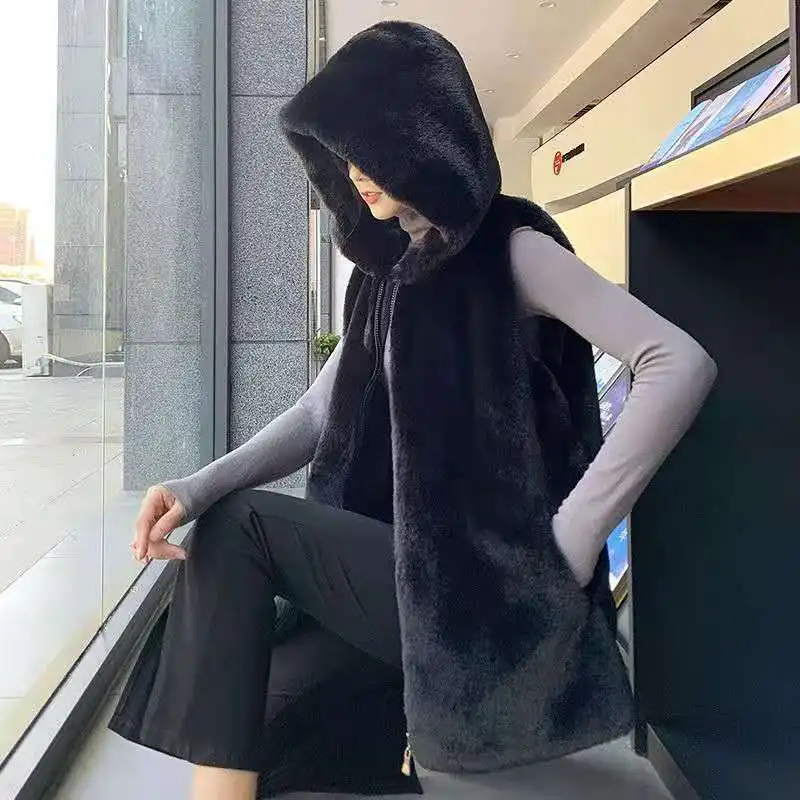 Faux Fur Vest Winter Coat Women Hooded Fur Waistcoat Warm Jackets Sleeveless Cardigan Korean Fashion