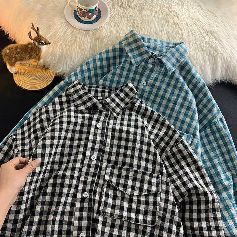 

Men's Spring and Autumn Hong Kong Style Loose Plaid Shirts Men's High Quality Casual High Street Tops