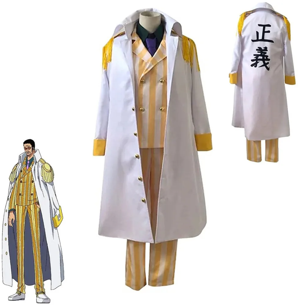 Anime Borsalino Kizaru Taisho Kostum Cosplay Costume Yellow Ape Cloak Stripe Uniform Man Woman Carnival Party Suit