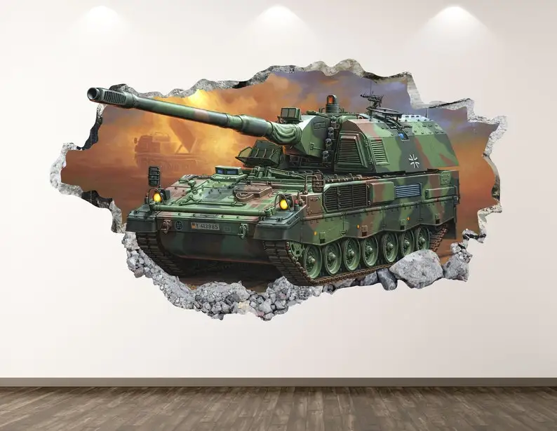 

War Tank Wall Decal - Camouflage 3D Smashed Wall Art Sticker Kids Room Decor Vinyl Home Poster Custom Gift KD155