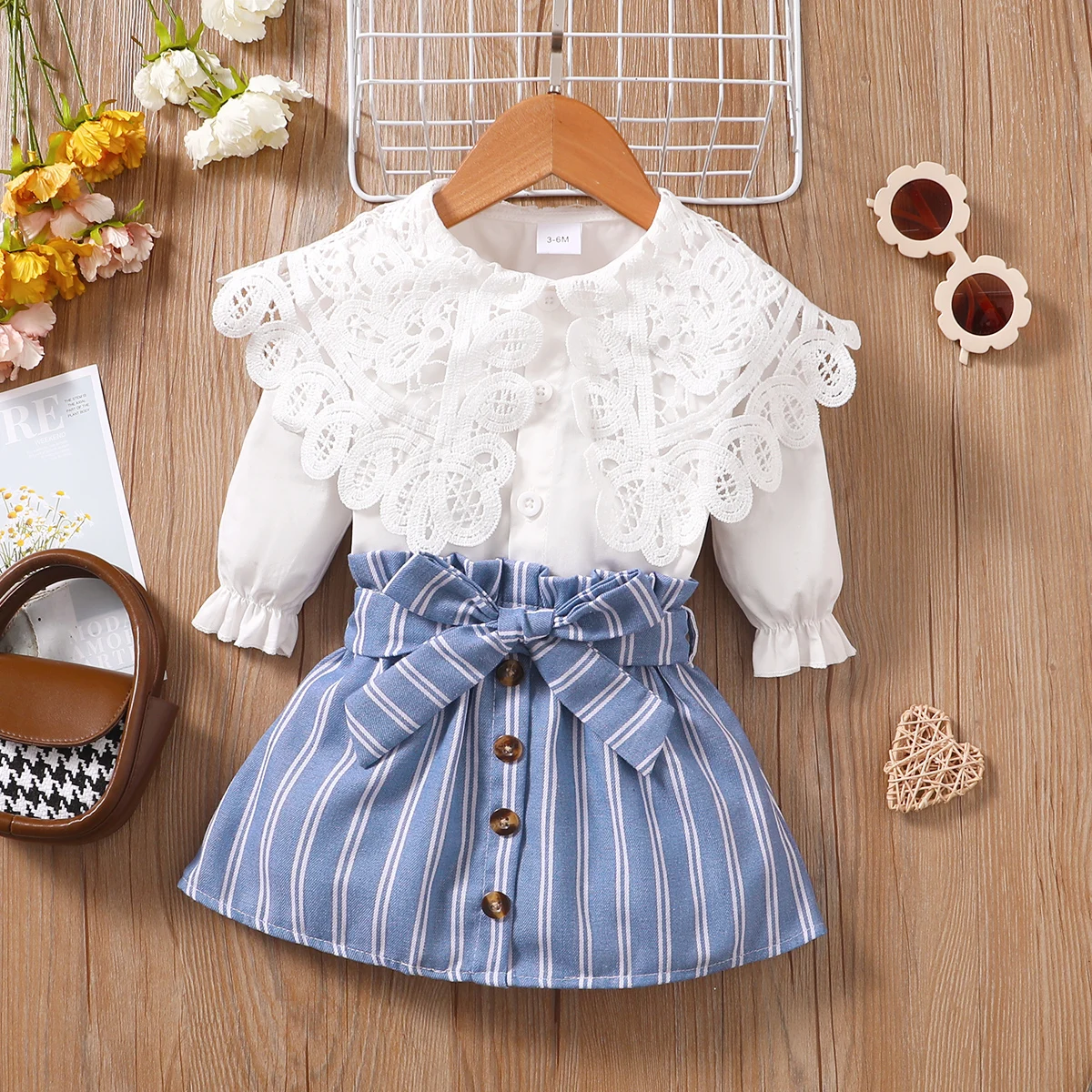 

PatPat 3pcs Baby Girl 100% Cotton Lace Statement Collar Long-sleeve Shirt and Striped Skirt & Belt Set