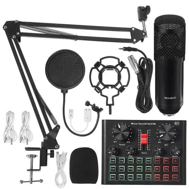 

Микрофон BM800 со светодиодной подсветильник кой, профессиональный конденсаторный микрофон D6 со звуковой картой, штатив с подставкой для тел...