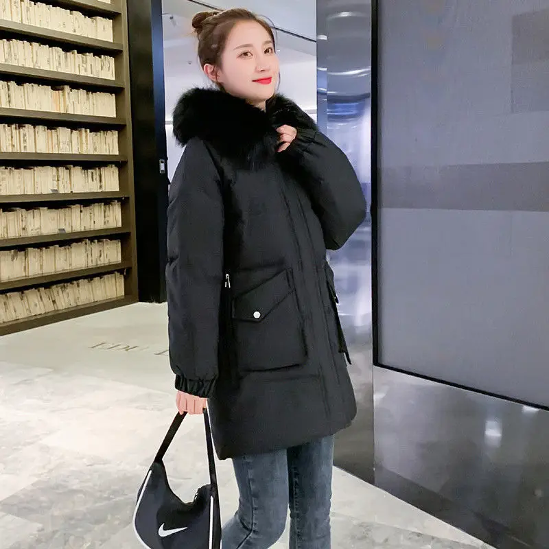 New Hooded Down Cotton Jacket Women's Medium Long Thickened Korean Winter Padded Coat Cold Weather Ladie's Warm Parkas