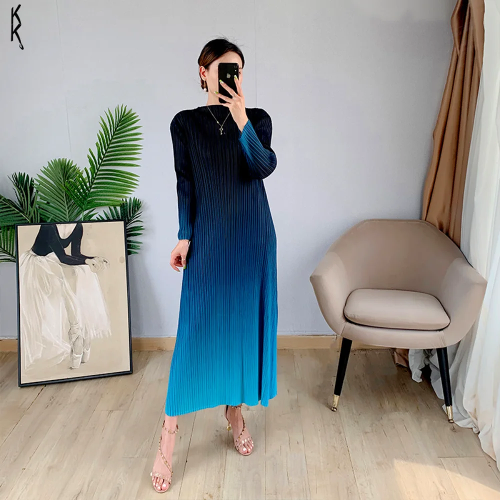 

Женское плиссированное платье Мияки ANLAN, Элегантное Длинное Платье-трапеция с градиентом, круглым вырезом и длинными рукавами, 6KK2815, 2023