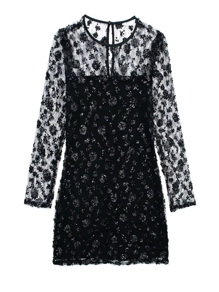 

Summer Women's Dress Sequins Short Round Neck Long Sleeve Black Transparent Mini Dress