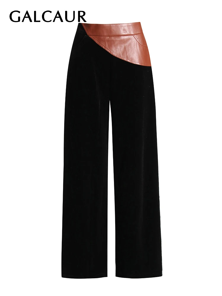 

GALCAUR Patchwork PU Leather Pants For Women High Waist Wide Leg Colorblock Pencil Trousers Female Clothing 2023 Summer Fashion