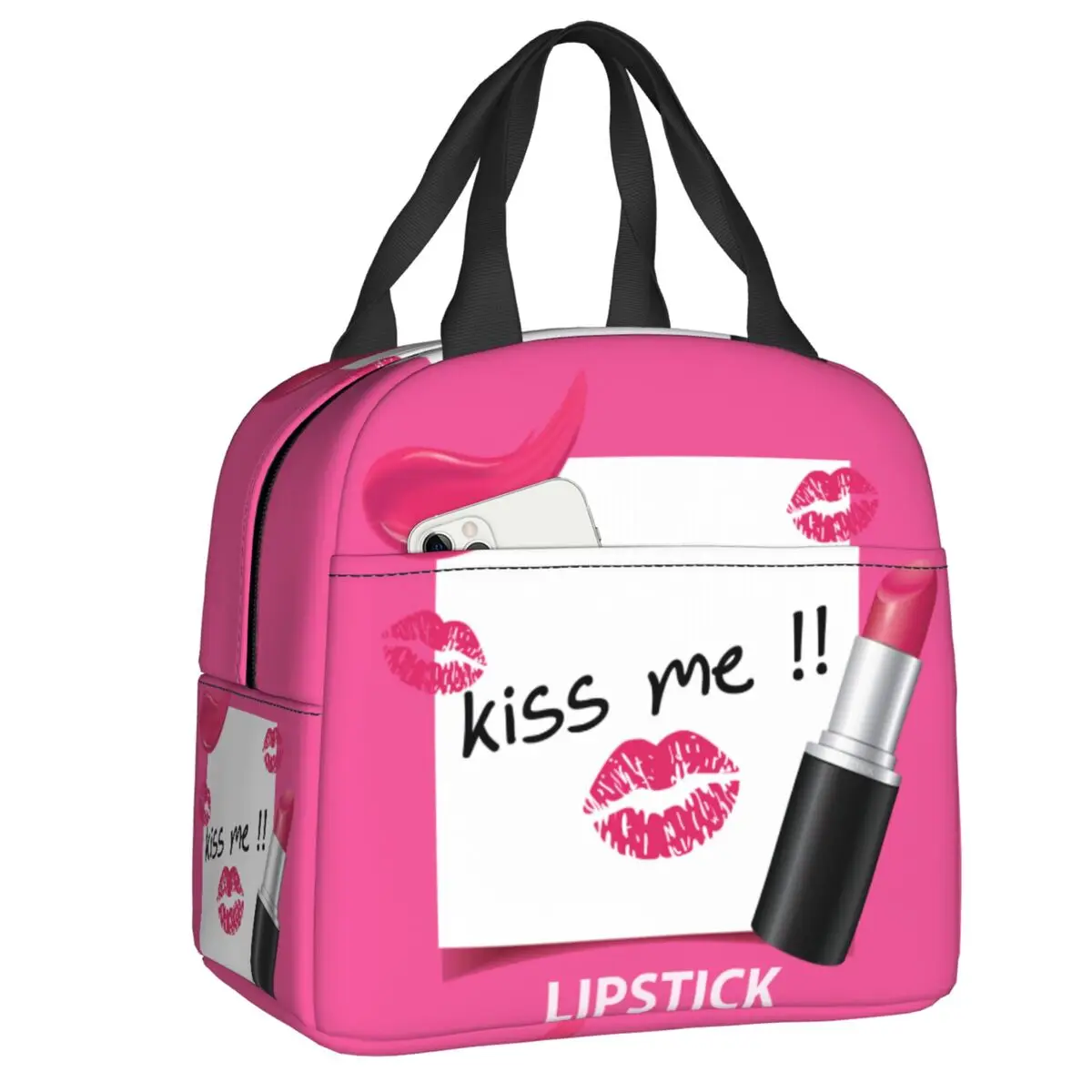 

Розовая губная помада Kiss Me, изолированная сумка для ланча, косметика, охлаждающая Термосумка для бенто, школьные сумки для пикника