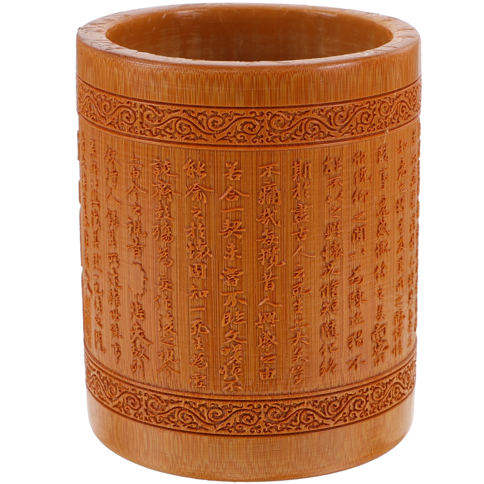 

Desk Pen Holder Brush Pot Storage Bin Bamboo Carving Container Cosmetics Office