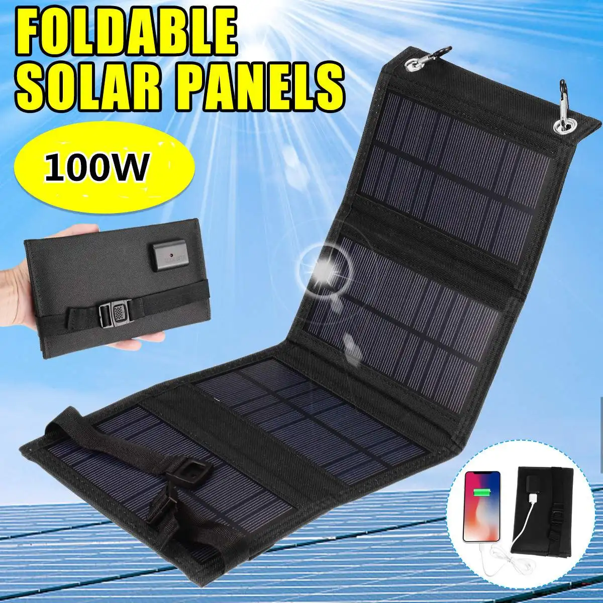 

100W Foldable Solar Panel 5V Portable Battery Charger USB Port Outdoor Waterproof Power Bank for Phone PC Car RV Boat Camping