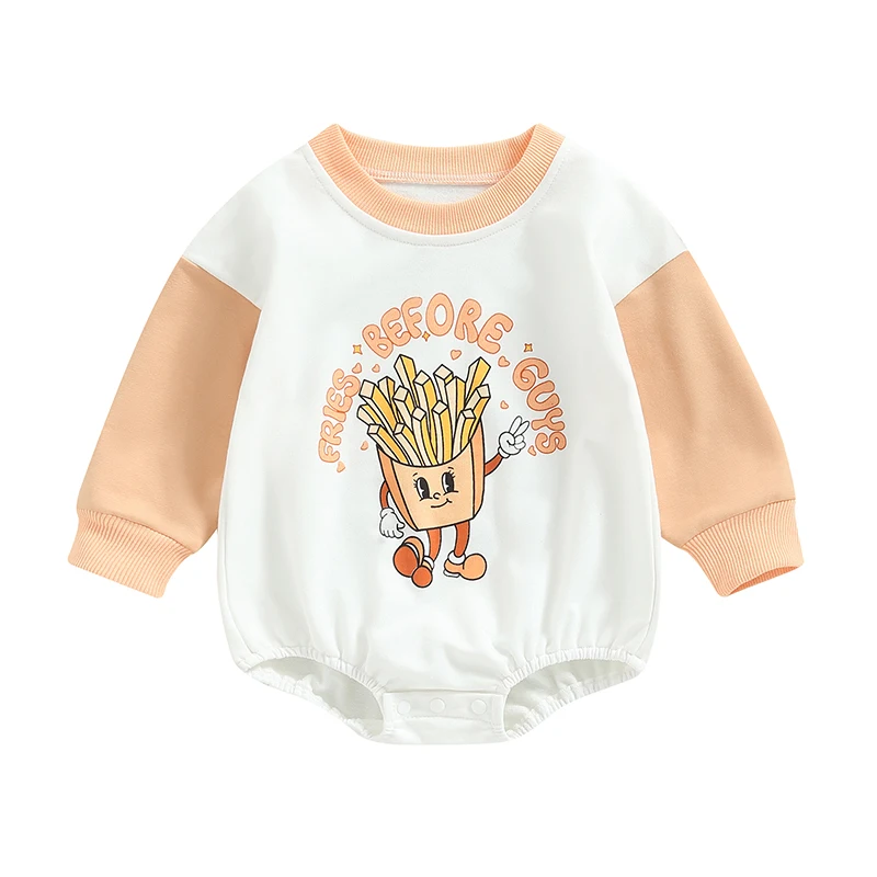 

Infant Baby Girls Boys Romper Letter Chips/Heart Print Contrast Color Long Sleeve Crew Neck Jumpsuits Newborn Bodysuits