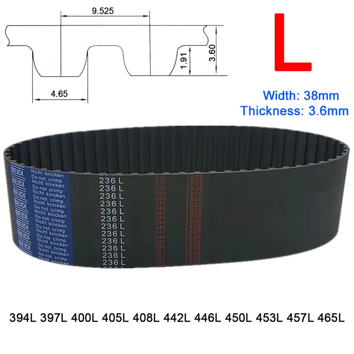 

1Pc Width 38mm L Rubber Arc Tooth Timing Belt Type 394L 397L 400L 405L 408L 442L 446L 450L 453L 457L 465L Synchronous Belts