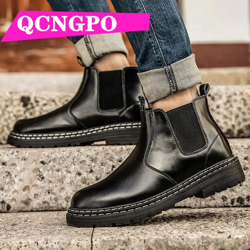 

Slip-on boots Cow Leather Motorcycle boots working boots Medium Cut classic boots British Style retro Martin boots ankle
