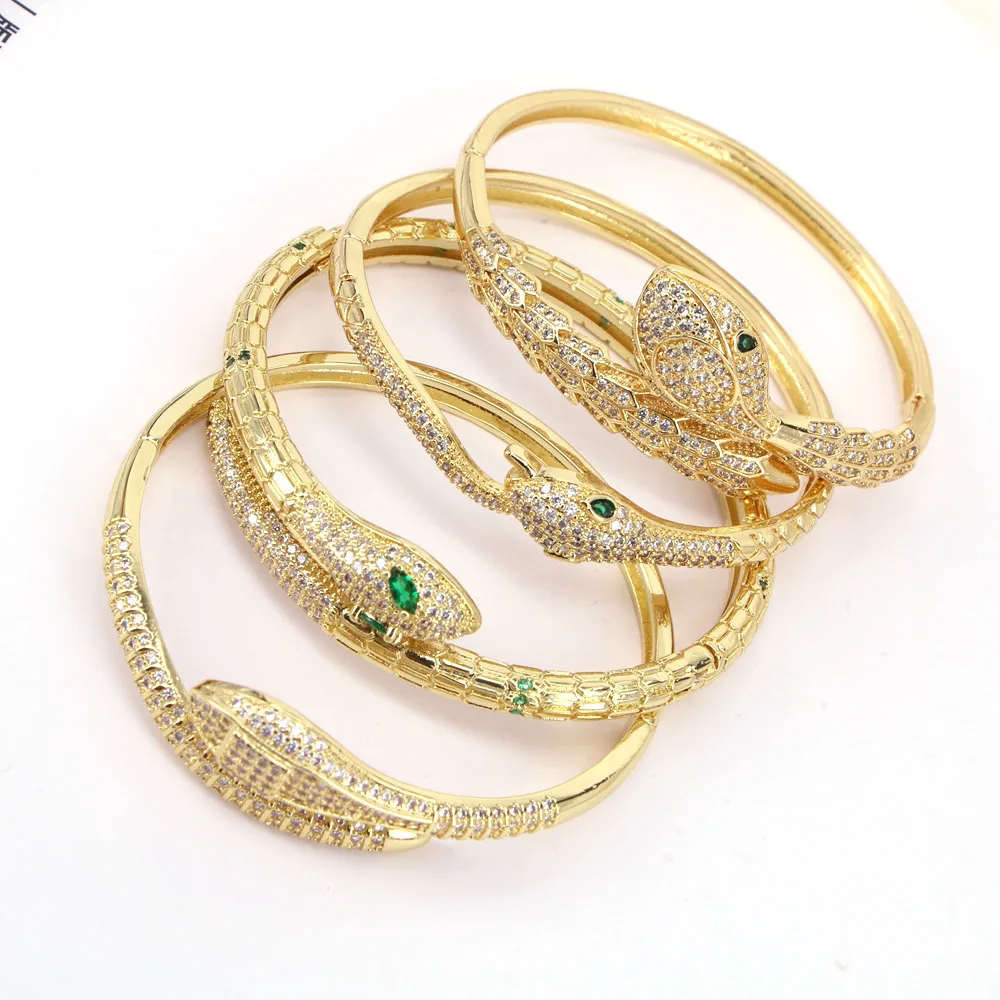 

3Pcs New Arrival European Fashion Copper Cubic Zircon Cuff Adjustable Gold-color Snake Bangle Jewelry 2022 Party Gift