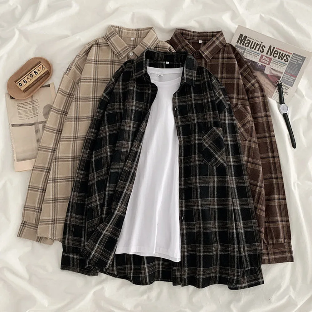 

2022 Cheap Plaid shirt women's long-sleeved retro Hong Kong flavor loose plus size women's hanbok spring outer wear student top