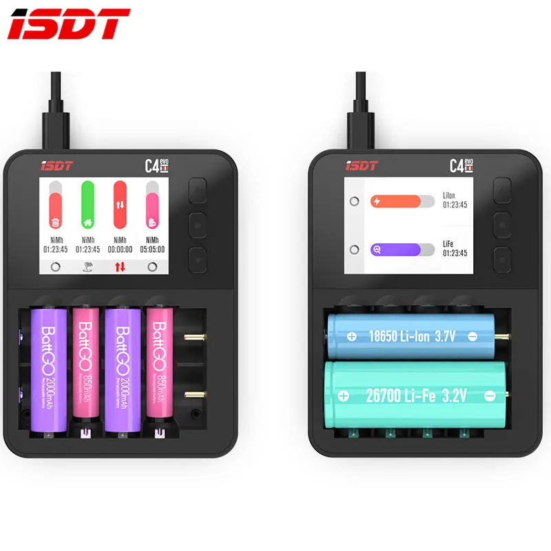 Фото Зарядное устройство ISDT C4 EVO Smart с выходом Type-C QC3.0 для литий-ионных батарей AA и AAA, с IPS-дисплеем и функцией защиты от возгорания. №2