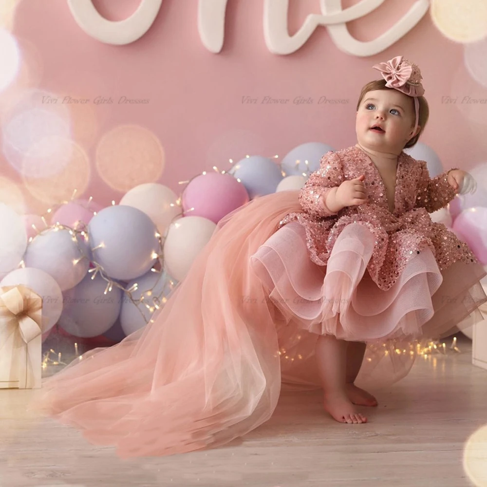 

Glitter Sequined Flower Girl Dress Shiny Baby Gown for Girls Puffy Organza Baby Birthday Dress Girl with Detachable Train