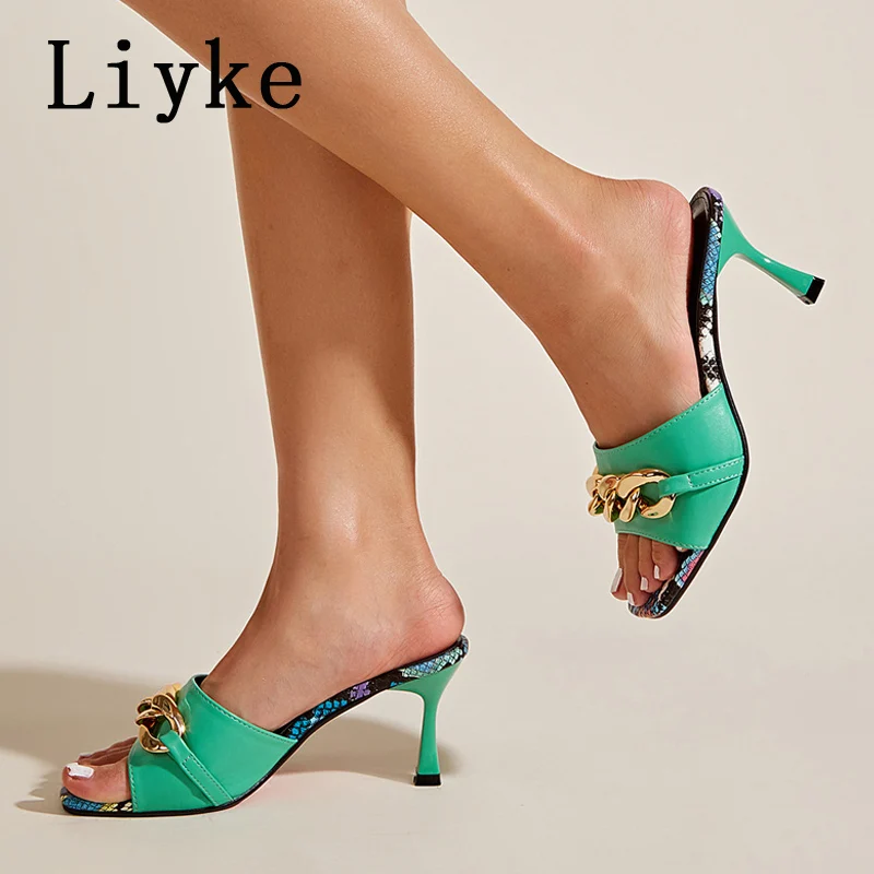 

Liyke New Sexy High Heels Slippers Woman Square Toe Fashion Chain Design Ladies Sandals Summer Outdoor Runway Party Shoes Green