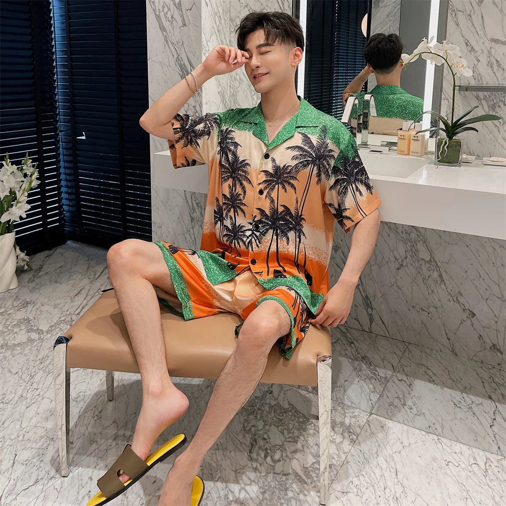 PICKBIRD Summer new ice silk pajamas men's star with the same high-quality thin section simulation silk home clothes