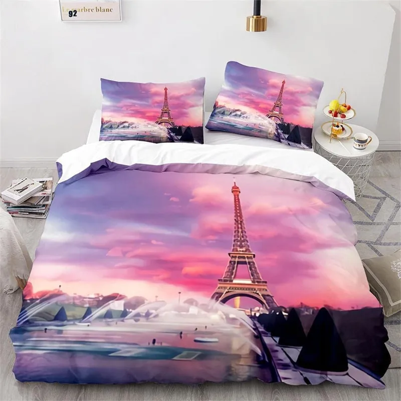 

Romantic Paris Cityscape Duvet Cover Microfiber Floral Eiffel Tower Bedding Set Twin Comforter Cover For Girls Teen Adult Room